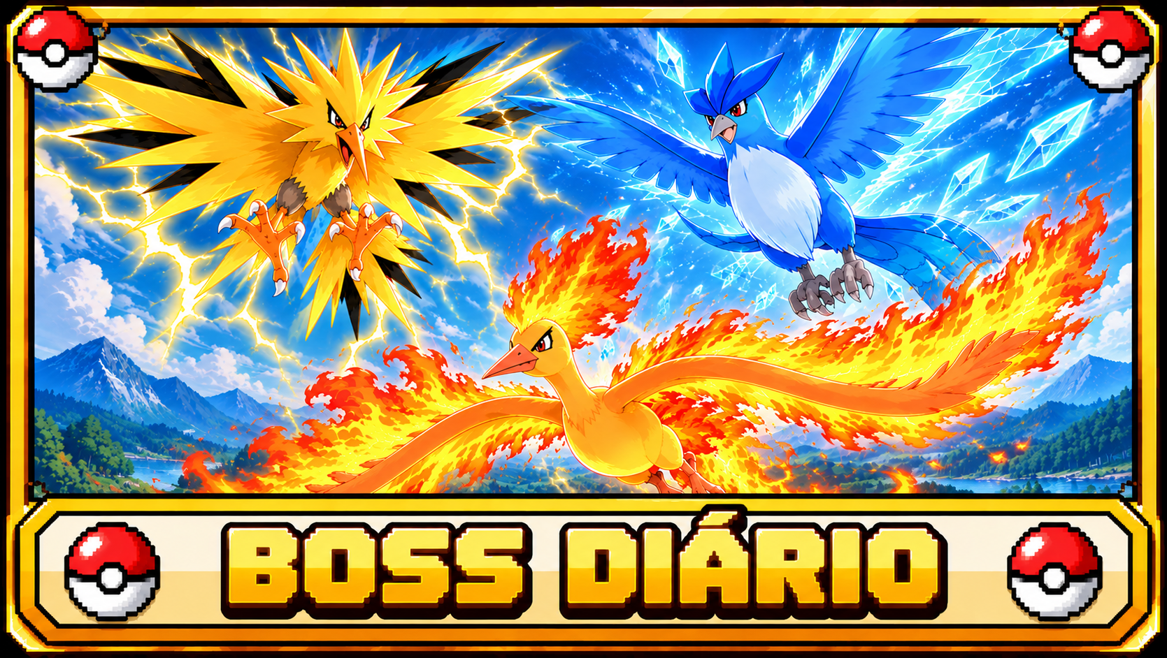 Arte do Boss Diário com Zapdos, Articuno e Moltres