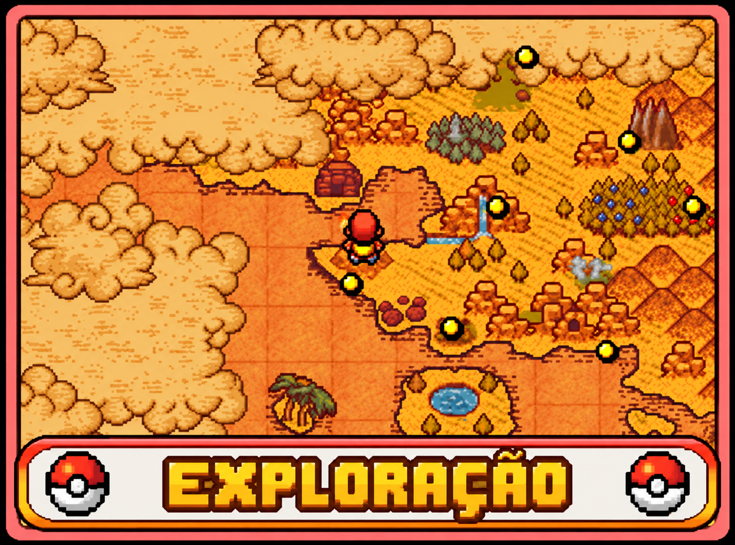 Mapa de exploração Pokémon com rotas e áreas selvagens