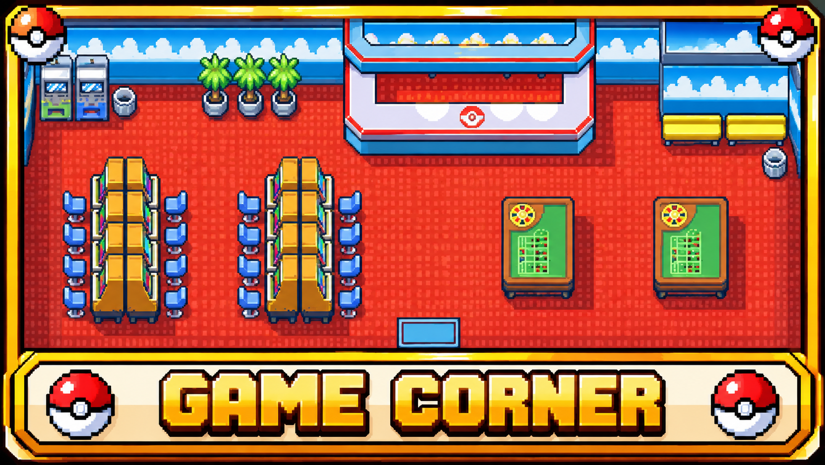 Arte do Game Corner com máquinas de jogos e letreiro dourado