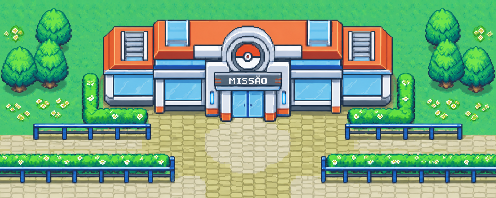 Centro Pokémon com placa Missão