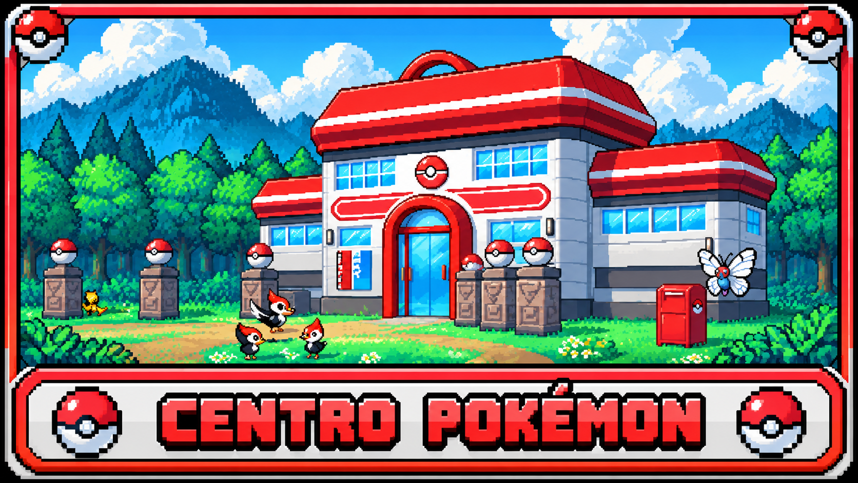 Centro Pokémon com Pokémon em frente